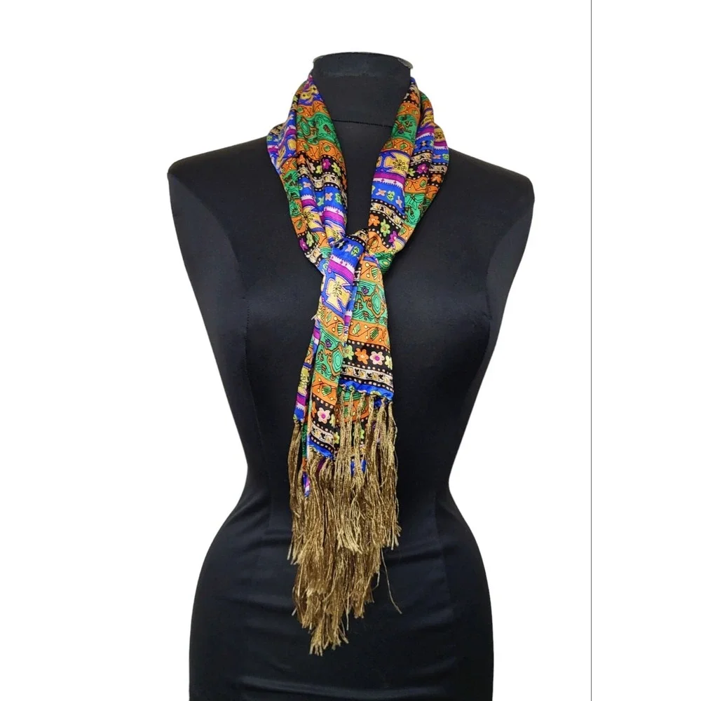 100% Silk‎ Double Layer w/ Long Fringe Vintage Scarf Artsy Collage Pattern Funky